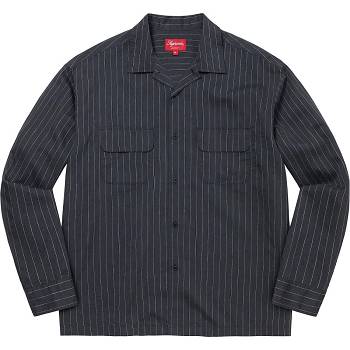 Koszule Supreme Pinstripe Linen Granatowe | PL372CE